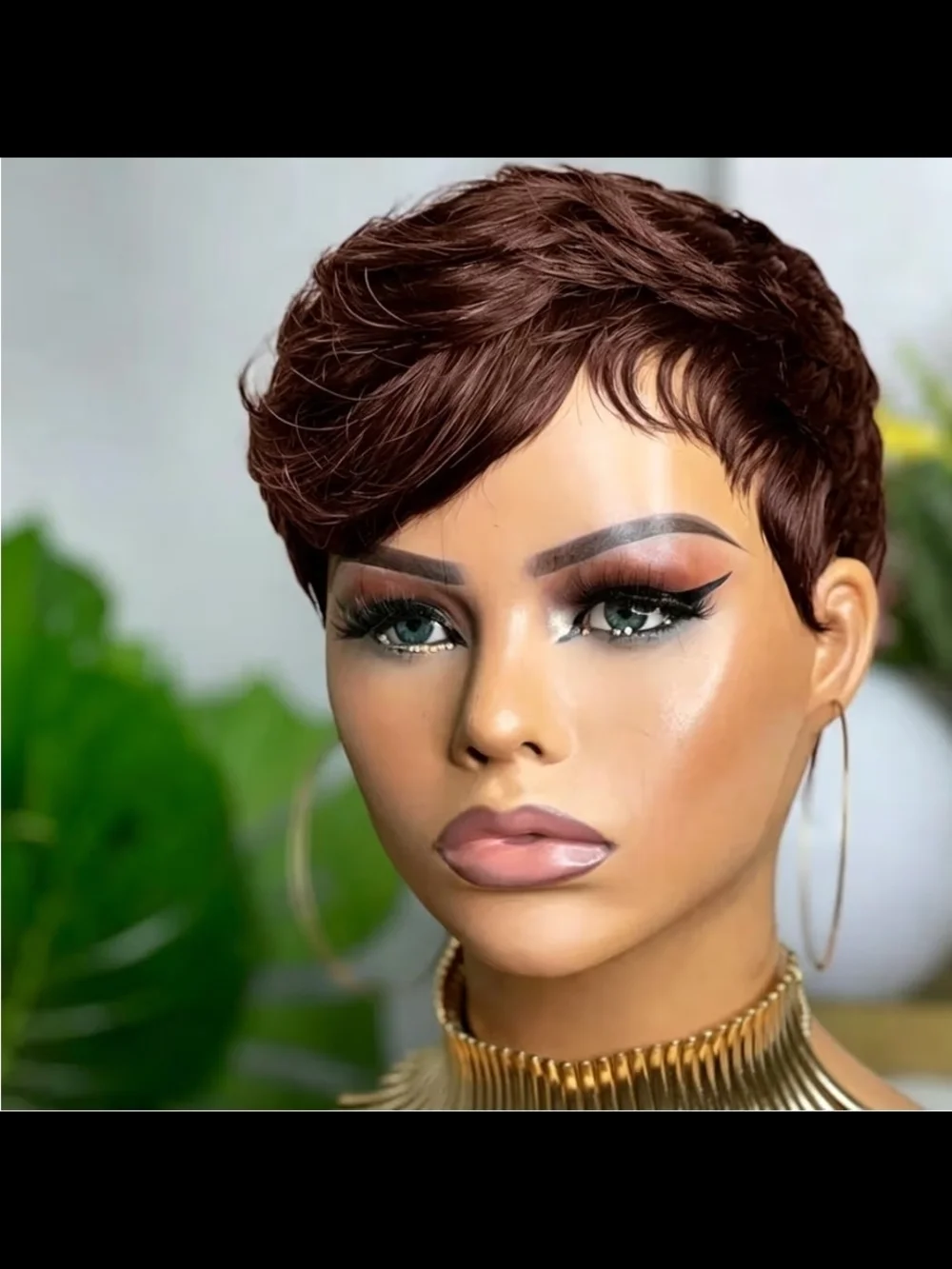 Short Pixie Human Hair Wig in Chestnut Brown